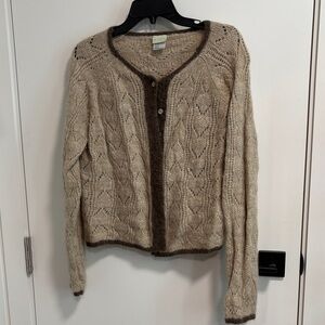 Spartina 449 Beige Cardigan with Brown Trim